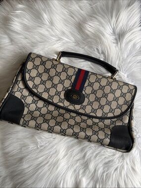 Beige GG Supreme Satchel with Red and Blue Web Stripe